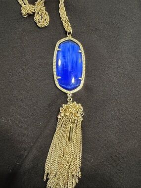 Gold Tassel Pendant Necklace with Royal Blue Stone